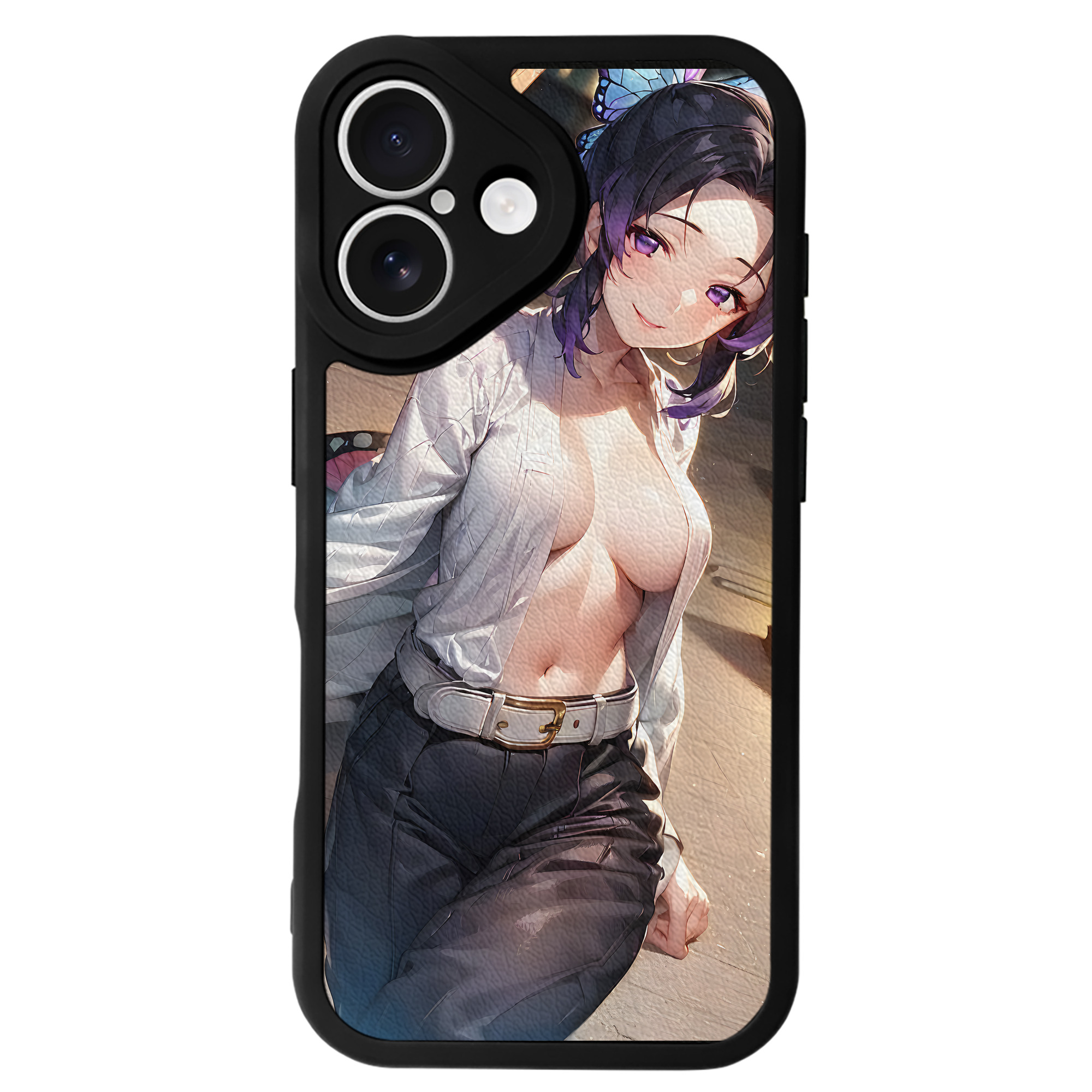 （画像用） 鬼滅の刃（きめつのやいば）蟲柱-胡蝶 しのぶ／こちょう しのぶ Kochou Shinobu 【iPhone 16シリーズ対応】シリコンスマホケース（レザー調） 材質：シリコン